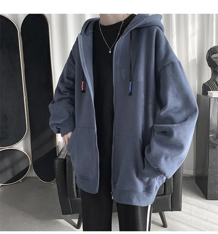 Blue Hoodies Women Sweatshirt Spring Autumn Zipper Coat Pocket Hooded New Loose Solid Color Jacket Trend Handsome Men Tops