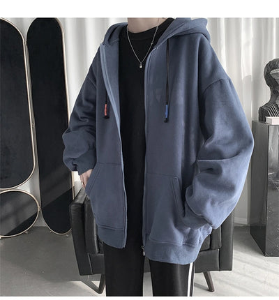 Blue Hoodies Women Sweatshirt Spring Autumn Zipper Coat Pocket Hooded New Loose Solid Color Jacket Trend Handsome Men Tops