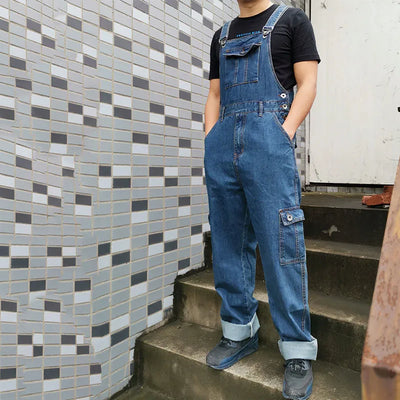 Men's Overalls Jumpsuit Large Size Strap Straight Blue Jeans With 7 Pockets