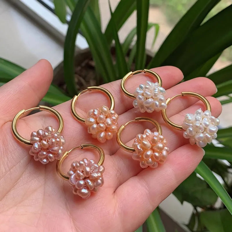 Fashion Stainless Steel Hoop Earrings Cluster Flower Ball Drop Natural Freshwater Pearl Ear Loop Earring for Women Wedding Party
