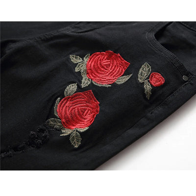 New Black Ripped Jeans with Embroidery Men with Flowers Rose Embroidered Men's Denim Jeans Stretch Skinny Jeans Pants
