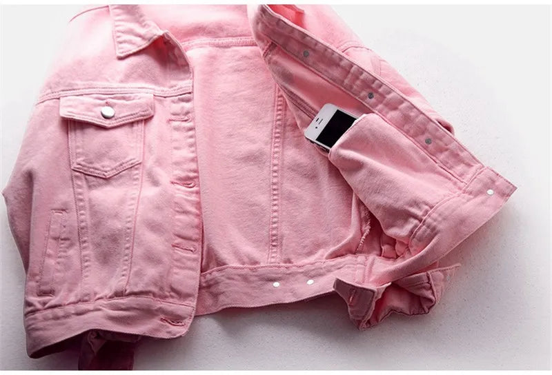 Women's Denim Jacket Spring Autumn Short Coat Pink Jean Jackets Casual Tops Purple Yellow White Loose Tops Lady Outerwear KW02
