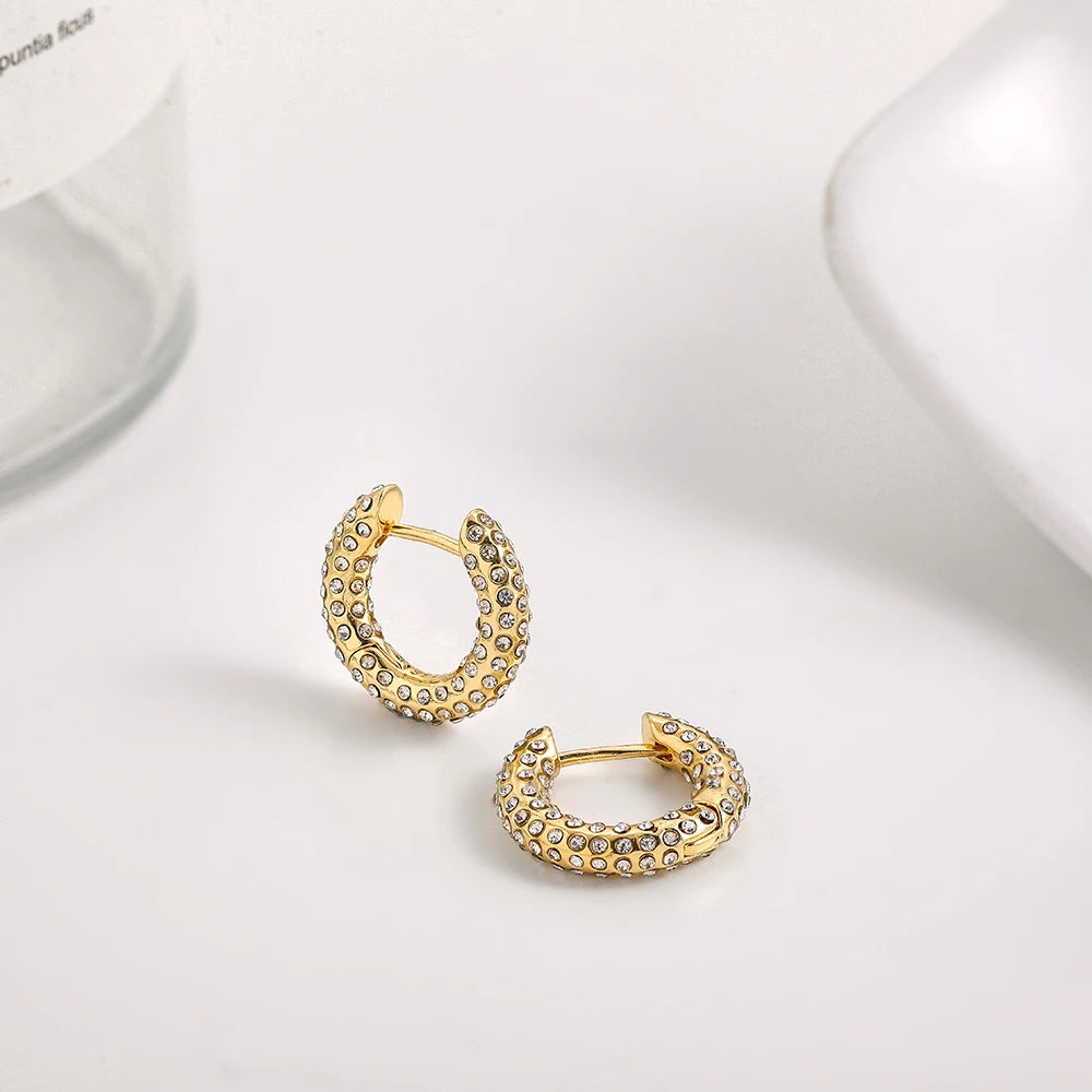 Punk Gold Color Twist Round Piercing Hoop Earrings Female Luxury CZ Crystal Geometric Ear Buckle Huggie Earrings Women Jewelry