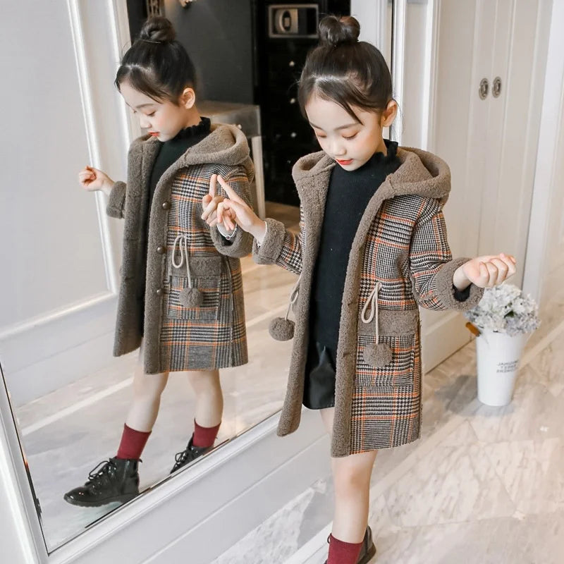 Autumn Winter Girls Hairy Coat Fashion Design Long Coat for Girls Kids Outerwear Grid Pattern Warm Winter Jacket Coats 4-12T