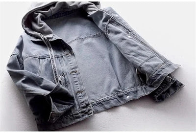 Blue Deconstructable Hooded Turn-down Collar Denim Jacket Women Loose Button Patchwork Outwear Jean Coat Female