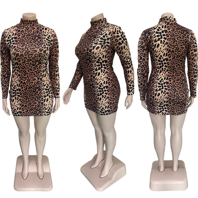 XL-4XL Fashion Club Plus Size Dresses Women Clothing Long Sleeve Leopard Sexy Mini Dress Female Outfit Wholesale Dropshipping