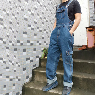 Men's Overalls Jumpsuit Large Size Strap Straight Blue Jeans With 7 Pockets