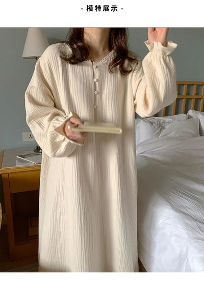100% Cotton Woman Dress Cute Cherry Print Long Sleeve Button Up Korean Maxi Dresses Comfortable Homewear Vestido De Mujer