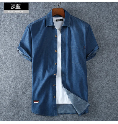 Men's Blue Denim Shirts Short Sleeve Jean Shirts New Summer High Quality Men Cotton Light Blue Denim Shirts Plus size L-8XL