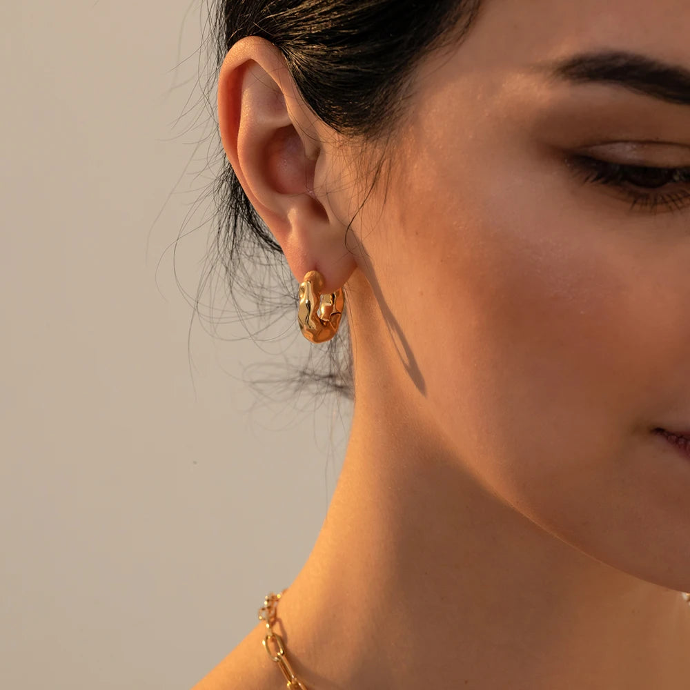 Punk Gold Color Twist Round Piercing Hoop Earrings Female Luxury CZ Crystal Geometric Ear Buckle Huggie Earrings Women Jewelry