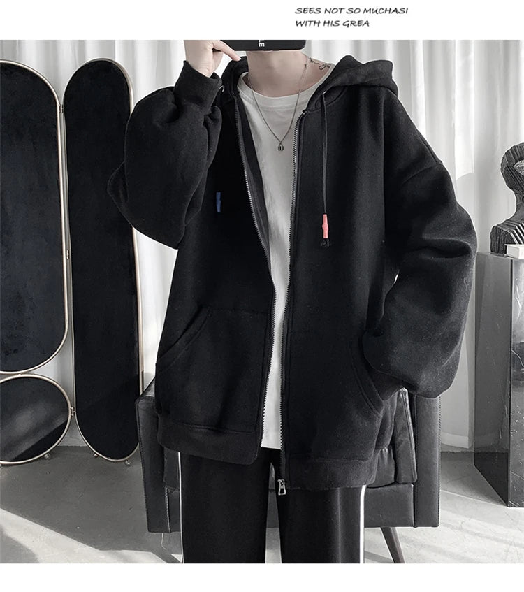 Blue Hoodies Women Sweatshirt Spring Autumn Zipper Coat Pocket Hooded New Loose Solid Color Jacket Trend Handsome Men Tops