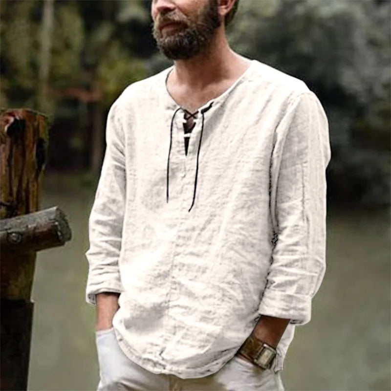 Cotton Linen Drawstring T Shirt Men's V Neck Blouse Solid Color Long Sleeves Casual Cool Tops Vikings Costume For Men M-6XL