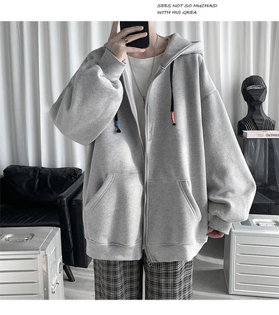 Blue Hoodies Women Sweatshirt Spring Autumn Zipper Coat Pocket Hooded New Loose Solid Color Jacket Trend Handsome Men Tops