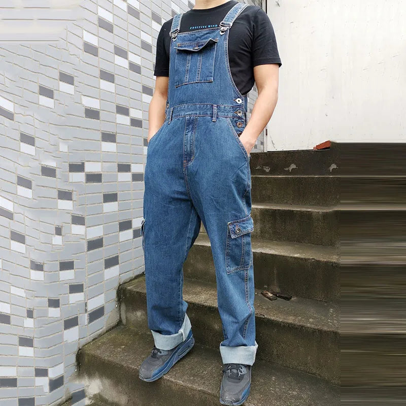 Men's Overalls Jumpsuit Large Size Strap Straight Blue Jeans With 7 Pockets