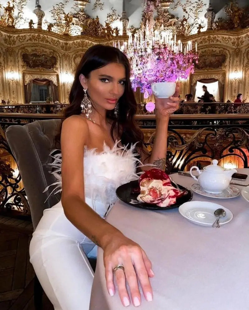 Jumpsuit Women Elegant Long Jumpsuit Strapless Slash Neck Feather Tube Top Sexy Fashion Party Night Evening Jumpsuit 2021 Summer