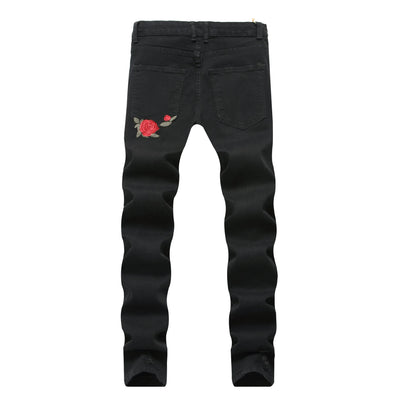 New Black Ripped Jeans with Embroidery Men with Flowers Rose Embroidered Men's Denim Jeans Stretch Skinny Jeans Pants