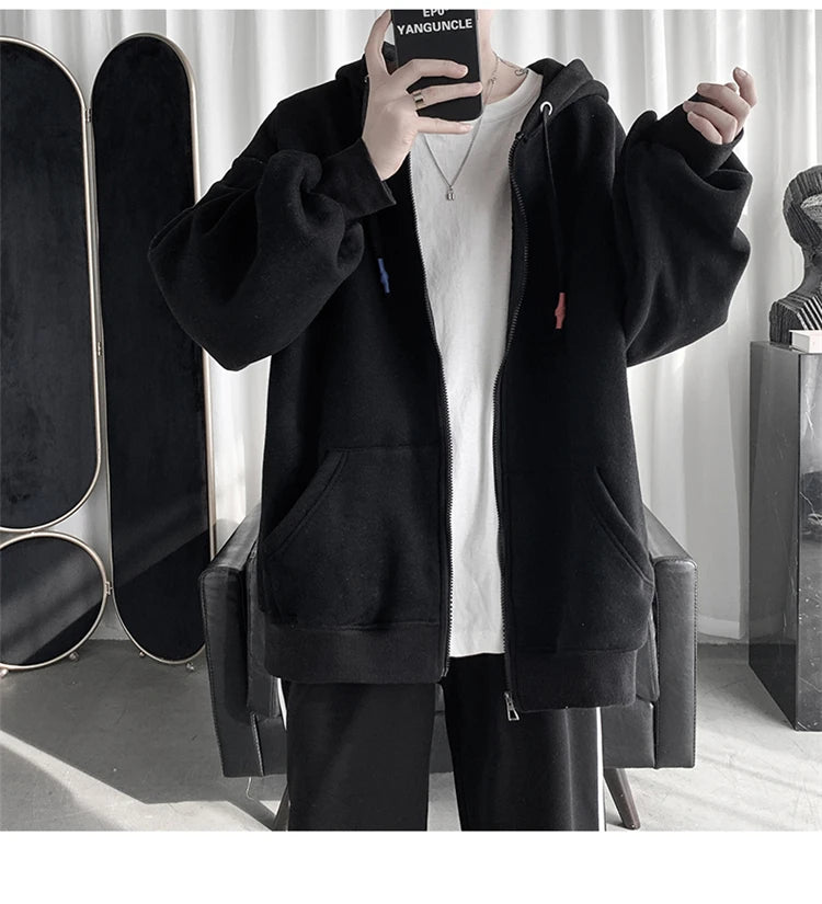 Blue Hoodies Women Sweatshirt Spring Autumn Zipper Coat Pocket Hooded New Loose Solid Color Jacket Trend Handsome Men Tops