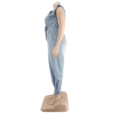 Jumpsuit Plus Size Women Clothing Denim Round Neck Lace Up Sleeveless Trousers Pocket Stretch Bodysuit Wholesale Dropshipping