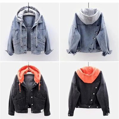 Blue Deconstructable Hooded Turn-down Collar Denim Jacket Women Loose Button Patchwork Outwear Jean Coat Female