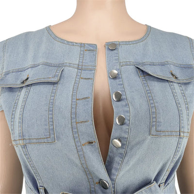 Jumpsuit Plus Size Women Clothing Denim Round Neck Lace Up Sleeveless Trousers Pocket Stretch Bodysuit Wholesale Dropshipping
