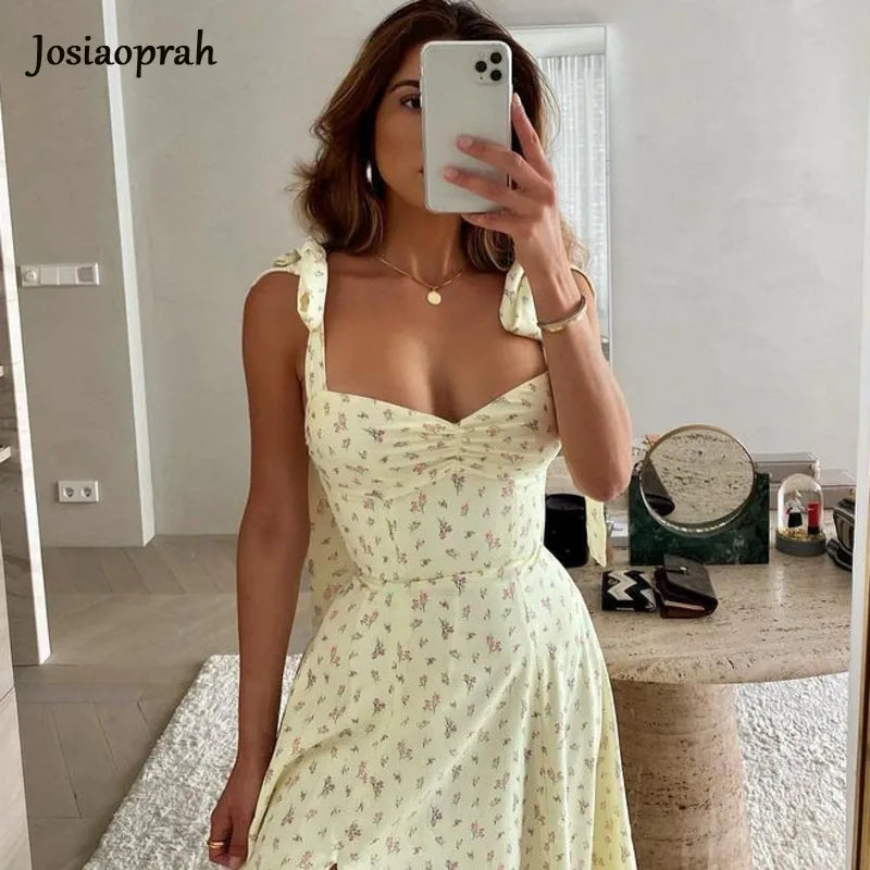 Josiaoprah Holiday floral dress lace up women's summer sundress A-line Spaghetti Strap dress Prairie chic ladies vestidos
