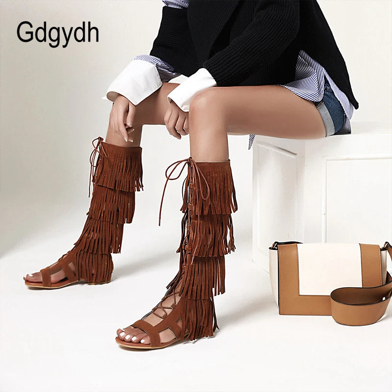 Sexy Tassel Gladiator Sandals Women Knee High Low Heel Back Zipper Spring Summer Shoes Ladies Open Toe Romen Style Retro