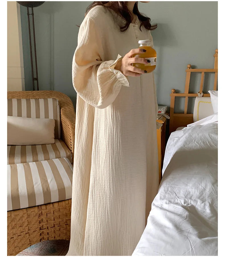 100% Cotton Woman Dress Cute Cherry Print Long Sleeve Button Up Korean Maxi Dresses Comfortable Homewear Vestido De Mujer
