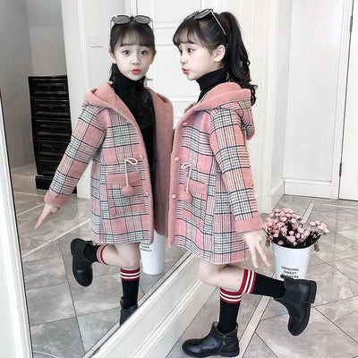 Autumn Winter Girls Hairy Coat Fashion Design Long Coat for Girls Kids Outerwear Grid Pattern Warm Winter Jacket Coats 4-12T