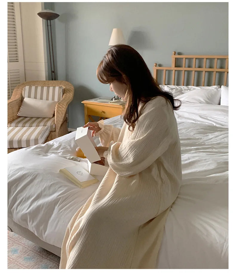 100% Cotton Woman Dress Cute Cherry Print Long Sleeve Button Up Korean Maxi Dresses Comfortable Homewear Vestido De Mujer