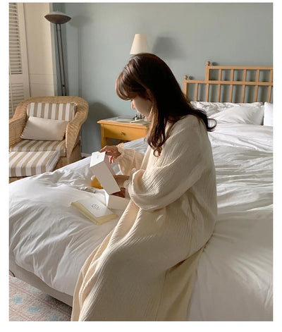 100% Cotton Woman Dress Cute Cherry Print Long Sleeve Button Up Korean Maxi Dresses Comfortable Homewear Vestido De Mujer