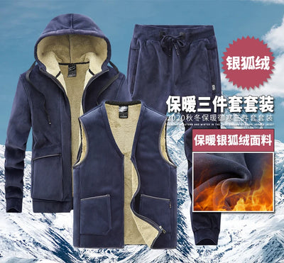 Men Winter Plus Velvet Thick Tracksuits Men's Lamb Cashmere Hoodies+vests+pants Three-pieces Sets Men Warm Casual Lamb Wool Sets