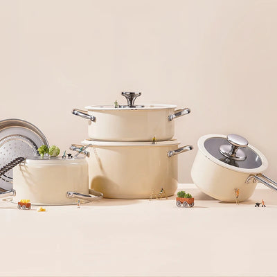 9pcs Stainless Steel Ceramic Coated Pot Set, Including 1 Milk Pot, 2 Stockpots, 1 Non-stick Pan, 4 LIDS And 1 Steamer