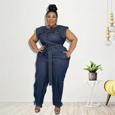 Jumpsuit Plus Size Women Clothing Denim Round Neck Lace Up Sleeveless Trousers Pocket Stretch Bodysuit Wholesale Dropshipping