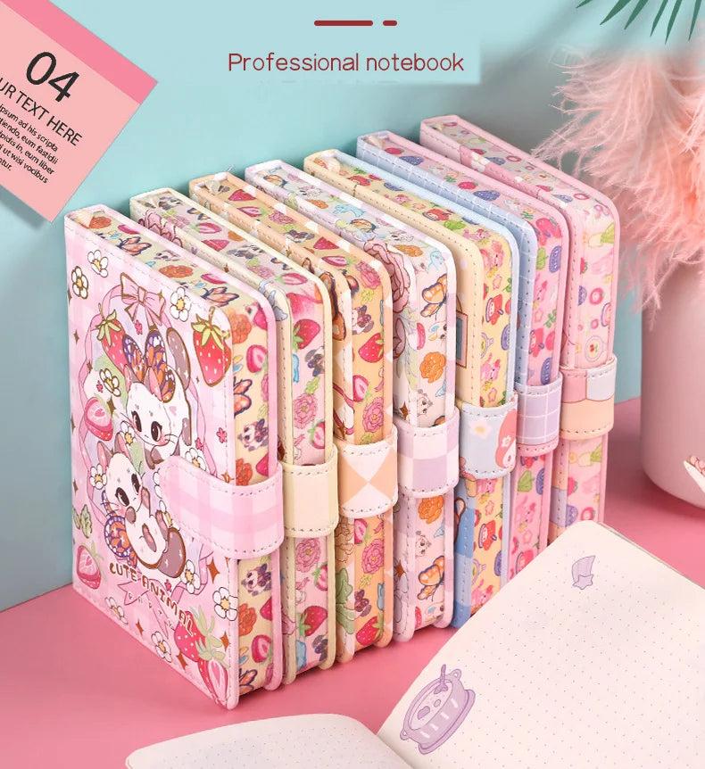 256 Page Children Cute Notebook Color Page Illustration Magnetic Button Soft Leather Diary Student Planner Agenda Notepad Book