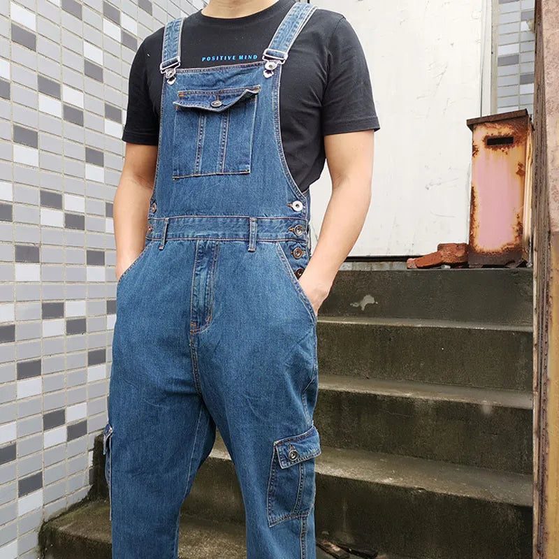 Men's Overalls Jumpsuit Large Size Strap Straight Blue Jeans With 7 Pockets