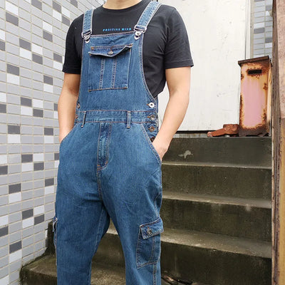 Men's Overalls Jumpsuit Large Size Strap Straight Blue Jeans With 7 Pockets
