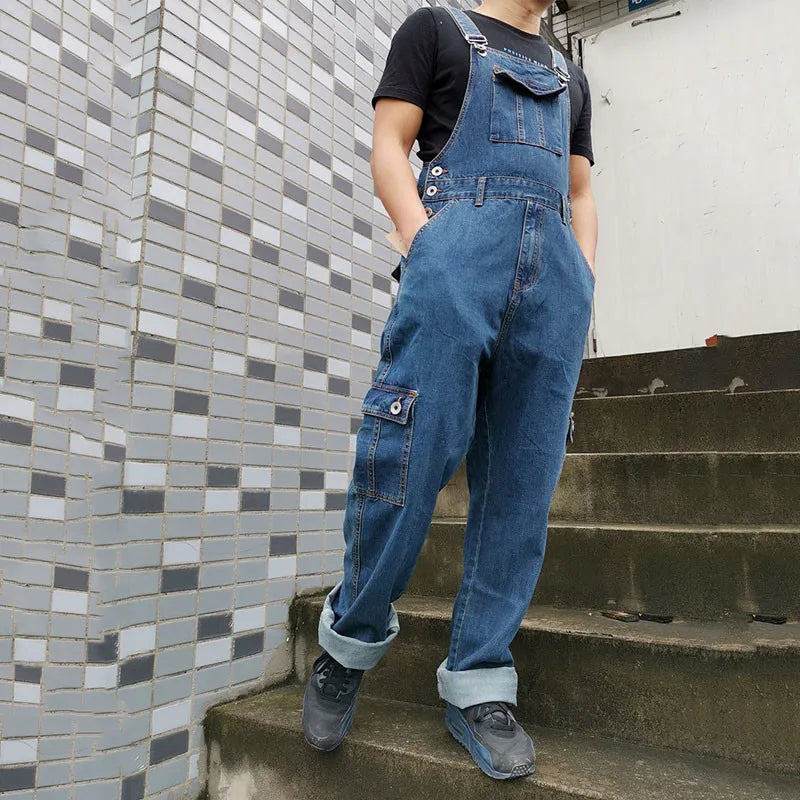 Men's Overalls Jumpsuit Large Size Strap Straight Blue Jeans With 7 Pockets