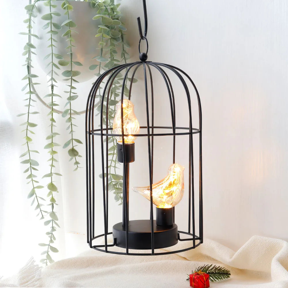 Metal Bird Cage Battery Operated Lamp Cordless Accent Light with Fairy Lights Bird Bulb Lantern for Holiday Party Decor