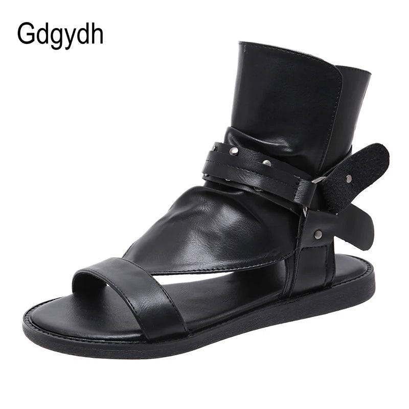 Cosplay Amine Japanese Style Flat Gladiator Sandals Women Buckle Ankle Strap Soft Leather Open Toe Beach Shoes Zipper