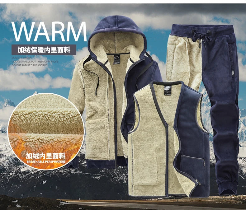Men Winter Plus Velvet Thick Tracksuits Men's Lamb Cashmere Hoodies+vests+pants Three-pieces Sets Men Warm Casual Lamb Wool Sets