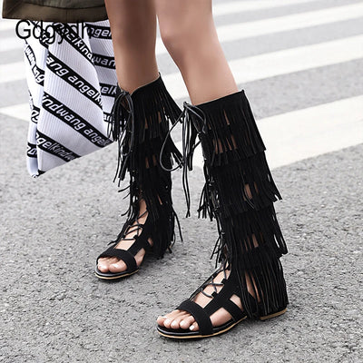 Sexy Tassel Gladiator Sandals Women Knee High Low Heel Back Zipper Spring Summer Shoes Ladies Open Toe Romen Style Retro