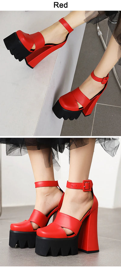 Punk Rock Style Platform Sandals Women Ankle Strap Belt Buckle Hegith Heels 15cm Sexy High Heels Shoes Cut Out Plus Size