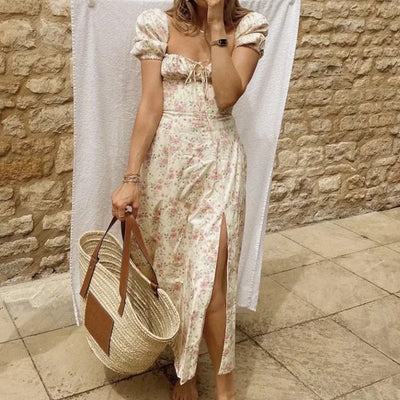 2023 Sexy Ruched Chest Blue White Flower Print Corset Style Sling Dress Cross Lacing up Bandage Back Hem Slit A-Lined Midi Robe
