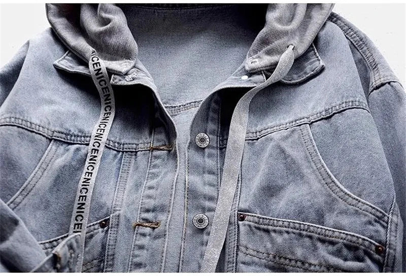 Blue Deconstructable Hooded Turn-down Collar Denim Jacket Women Loose Button Patchwork Outwear Jean Coat Female