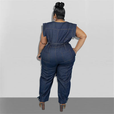 Jumpsuit Plus Size Women Clothing Denim Round Neck Lace Up Sleeveless Trousers Pocket Stretch Bodysuit Wholesale Dropshipping
