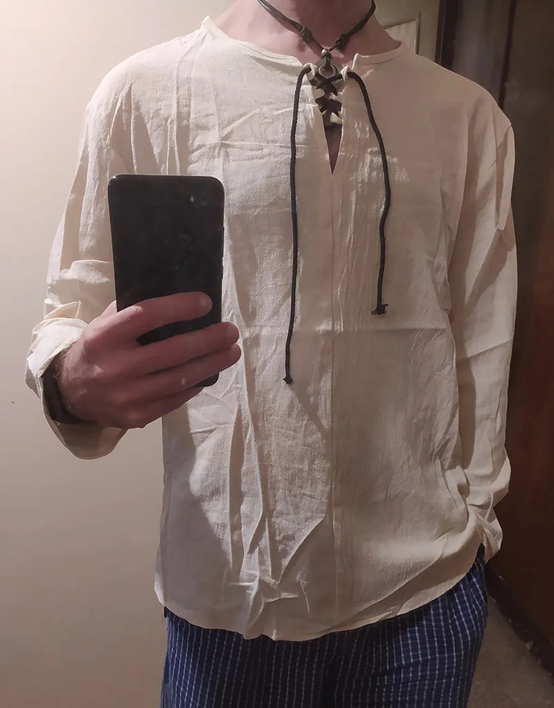 Cotton Linen Drawstring T Shirt Men's V Neck Blouse Solid Color Long Sleeves Casual Cool Tops Vikings Costume For Men M-6XL