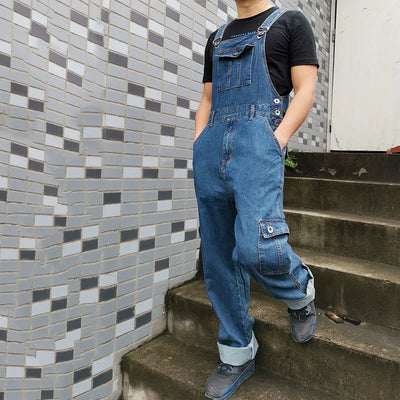 Men's Overalls Jumpsuit Large Size Strap Straight Blue Jeans With 7 Pockets