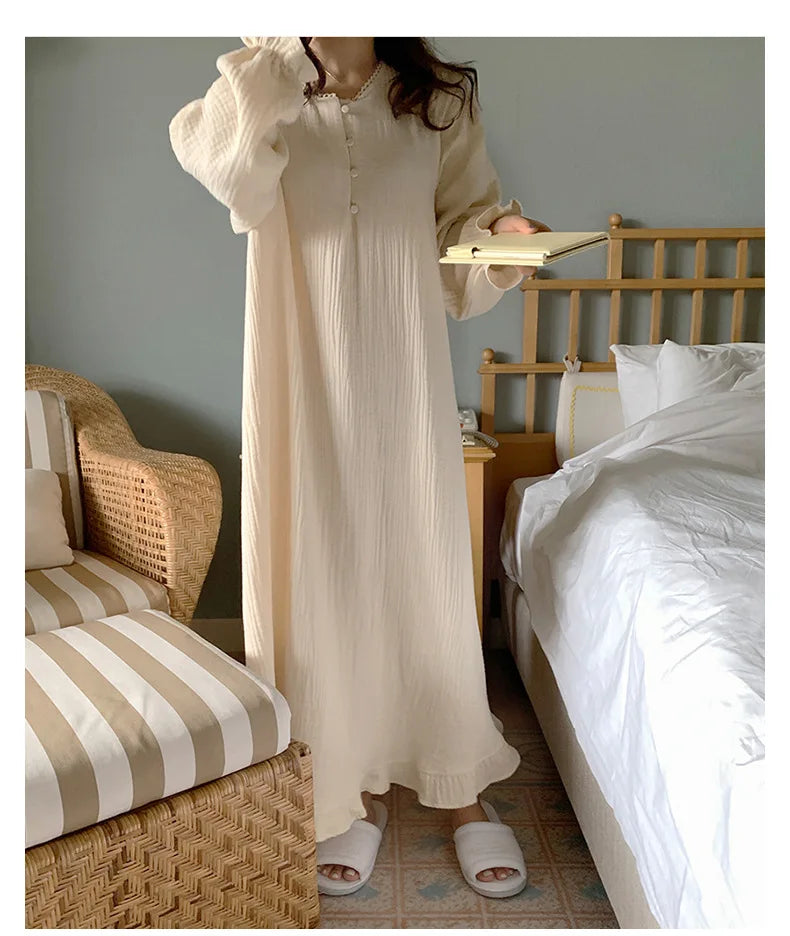 100% Cotton Woman Dress Cute Cherry Print Long Sleeve Button Up Korean Maxi Dresses Comfortable Homewear Vestido De Mujer