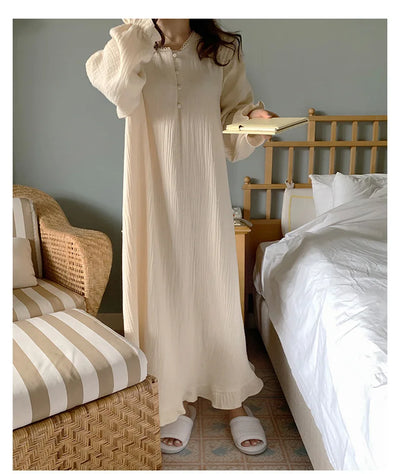 100% Cotton Woman Dress Cute Cherry Print Long Sleeve Button Up Korean Maxi Dresses Comfortable Homewear Vestido De Mujer