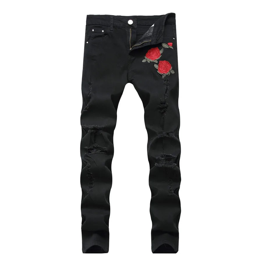 New Black Ripped Jeans with Embroidery Men with Flowers Rose Embroidered Men's Denim Jeans Stretch Skinny Jeans Pants